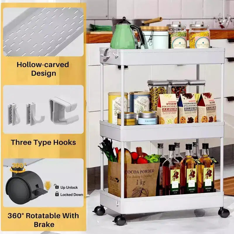 Carrello portaoggetti a 3 ripiani Tree City Gray - Organizer mobile multifunzione per bagno e cucina con ruote bloccabili
