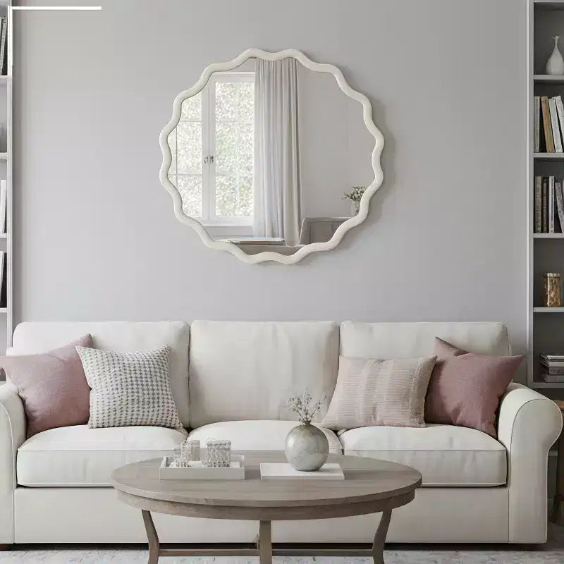 Specchio decorativo rotondo con cornice in legno Mayeerty da 30 pollici, ondulato, per camera da letto, bagno, soggiorno, ingresso, bianco