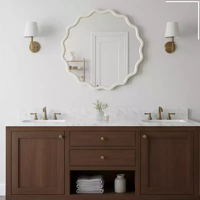 Specchio decorativo rotondo con cornice in legno Mayeerty da 30 pollici, ondulato, per camera da letto, bagno, soggiorno, ingresso, bianco