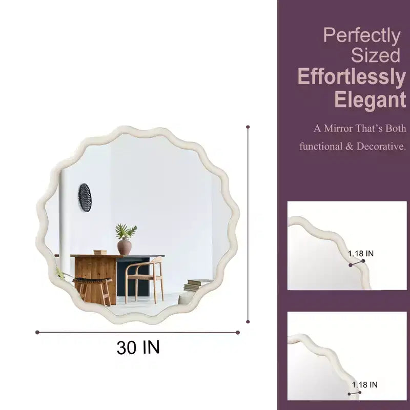 Specchio decorativo rotondo con cornice in legno Mayeerty da 30 pollici, ondulato, per camera da letto, bagno, soggiorno, ingresso, bianco