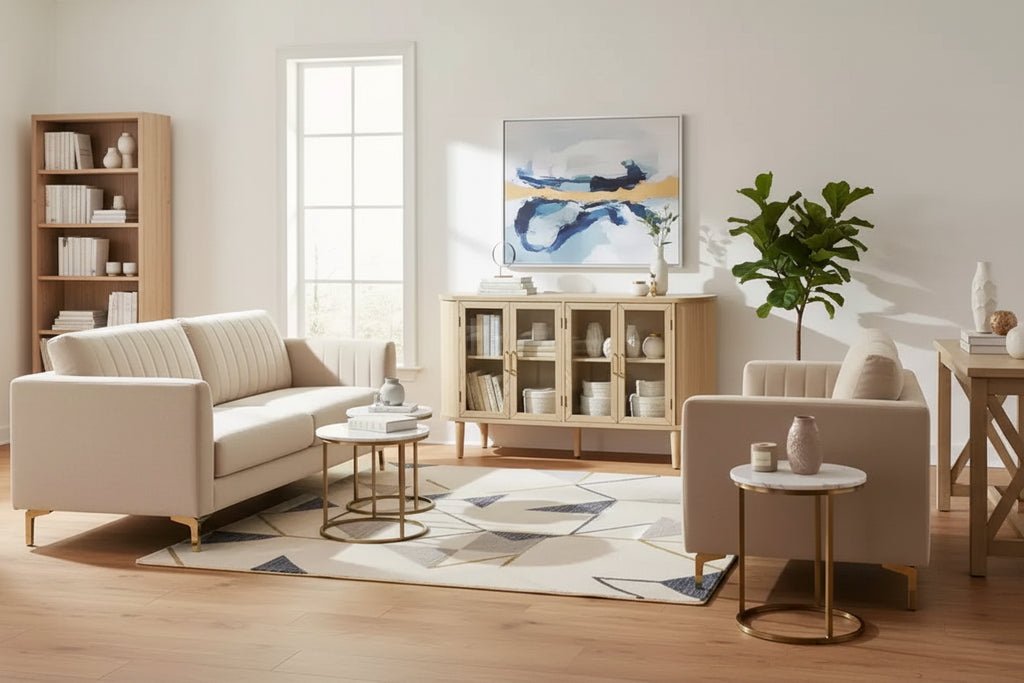 Homy Casa 4-Door Curved Glass Storage Cabinet with Wood Frame and Brass Handles for Living Room or Dining Area, Light Oak