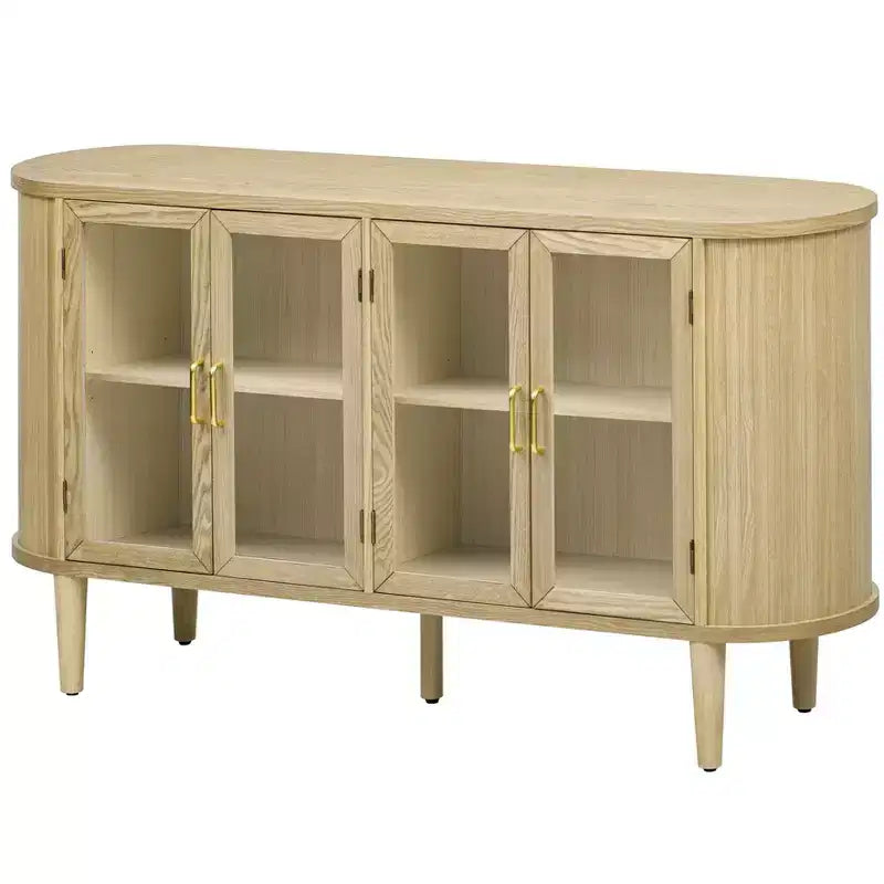 Homy Casa Credenza a 4 ante con ante in vetro curvo, struttura in legno e maniglie in ottone per soggiorno o sala da pranzo, rovere chiaro