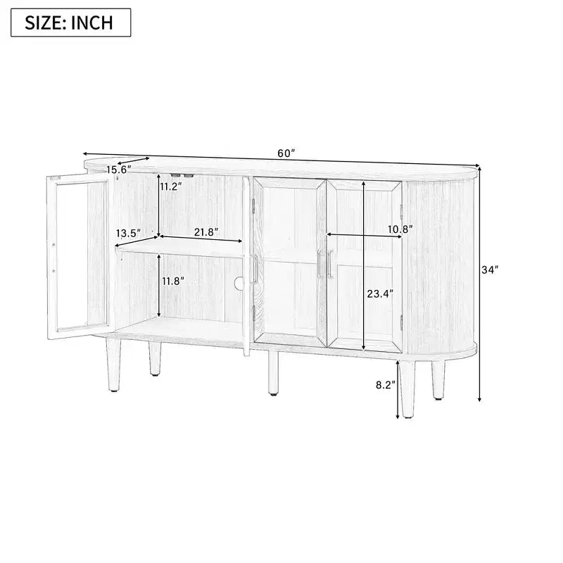 Homy Casa Credenza a 4 ante con ante in vetro curvo, struttura in legno e maniglie in ottone per soggiorno o sala da pranzo, rovere chiaro