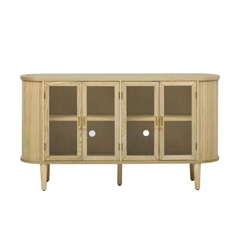 Homy Casa Credenza a 4 ante con ante in vetro curvo, struttura in legno e maniglie in ottone per soggiorno o sala da pranzo, rovere chiaro