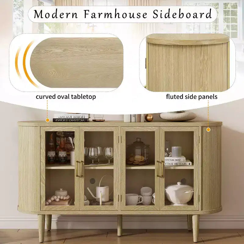 Homy Casa Credenza a 4 ante con ante in vetro curvo, struttura in legno e maniglie in ottone per soggiorno o sala da pranzo, rovere chiaro