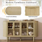 Homy Casa Credenza a 4 ante con ante in vetro curvo, struttura in legno e maniglie in ottone per soggiorno o sala da pranzo, rovere chiaro
