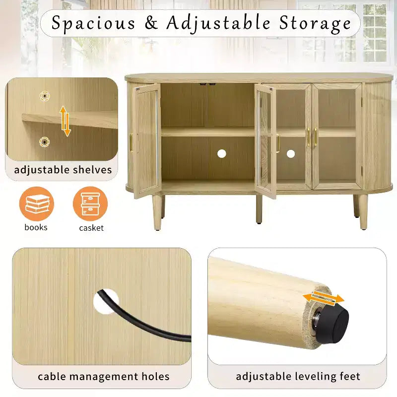Homy Casa Credenza a 4 ante con ante in vetro curvo, struttura in legno e maniglie in ottone per soggiorno o sala da pranzo, rovere chiaro