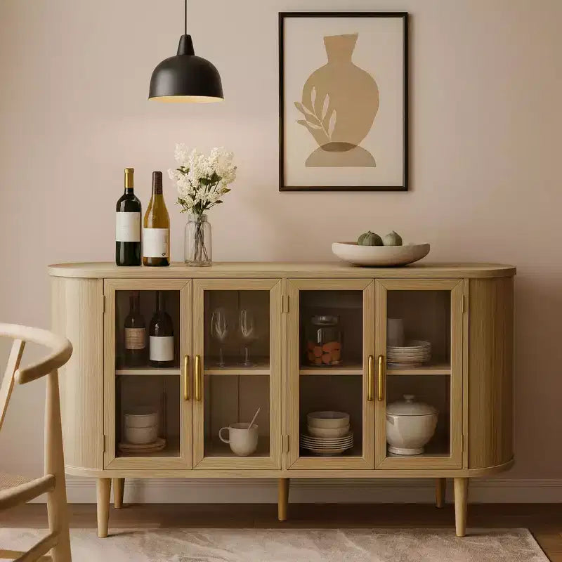 Homy Casa Credenza a 4 ante con ante in vetro curvo, struttura in legno e maniglie in ottone per soggiorno o sala da pranzo, rovere chiaro