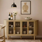 Homy Casa Credenza a 4 ante con ante in vetro curvo, struttura in legno e maniglie in ottone per soggiorno o sala da pranzo, rovere chiaro