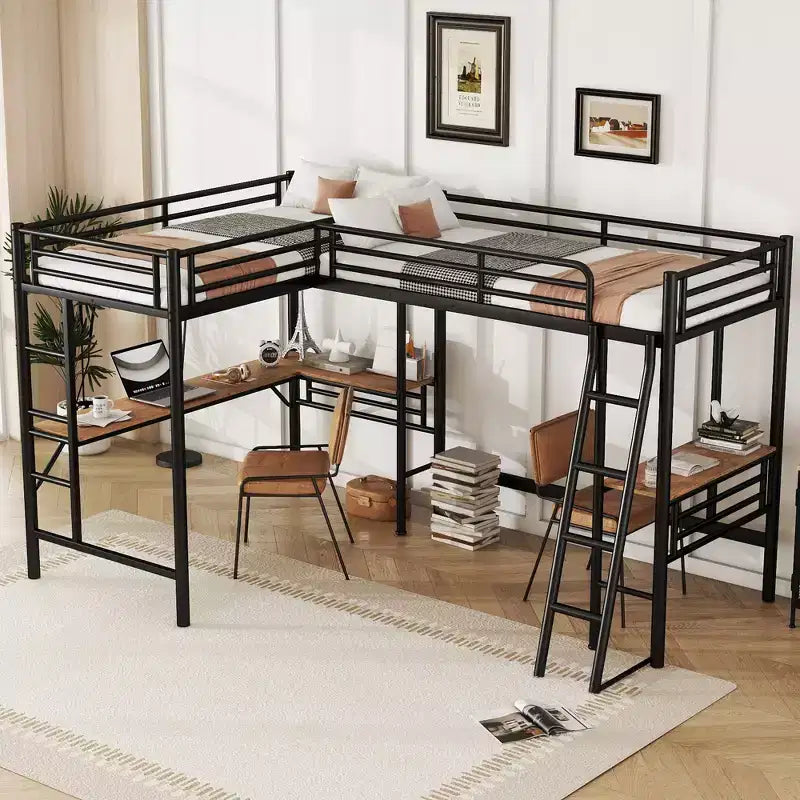 L Shaped Metal Loft Bed with 2 Desk, Twin Loft Bed Corner Twin Bed for 2 Kids Girls Boys Teens, Black