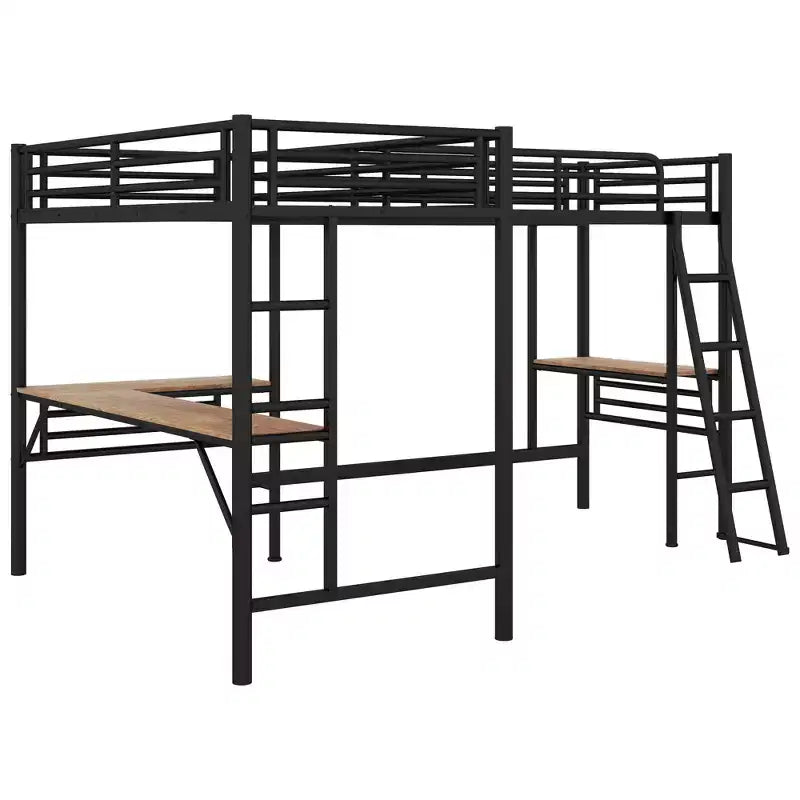 Letto a soppalco in metallo a L con 2 scrivanie, letto a soppalco singolo angolare per 2 bambini, bambine, ragazzi, nero