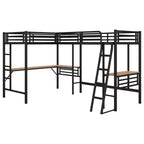 Letto a soppalco in metallo a L con 2 scrivanie, letto a soppalco singolo angolare per 2 bambini, bambine, ragazzi, nero