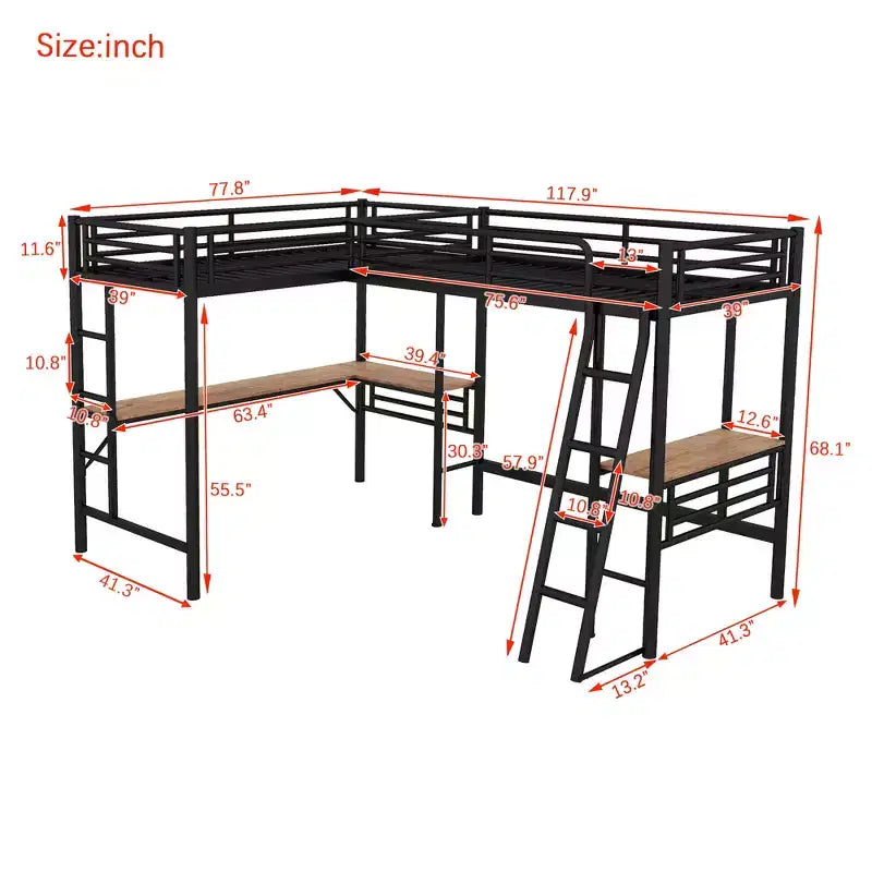 Letto a soppalco in metallo a L con 2 scrivanie, letto a soppalco singolo angolare per 2 bambini, bambine, ragazzi, nero