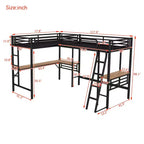 Letto a soppalco in metallo a L con 2 scrivanie, letto a soppalco singolo angolare per 2 bambini, bambine, ragazzi, nero