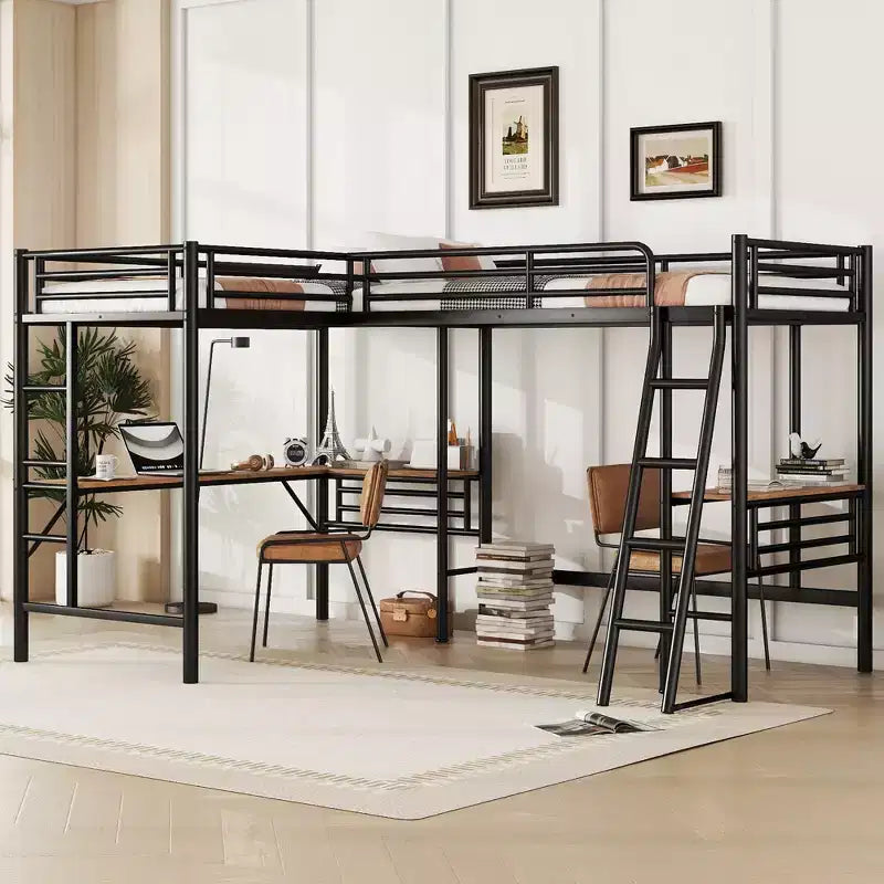 Letto a soppalco in metallo a L con 2 scrivanie, letto a soppalco singolo angolare per 2 bambini, bambine, ragazzi, nero