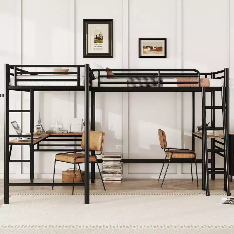 Letto a soppalco in metallo a L con 2 scrivanie, letto a soppalco singolo angolare per 2 bambini, bambine, ragazzi, nero