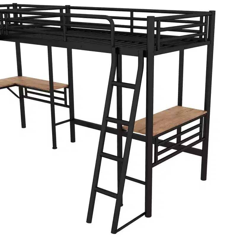 Letto a soppalco in metallo a L con 2 scrivanie, letto a soppalco singolo angolare per 2 bambini, bambine, ragazzi, nero