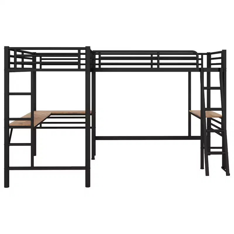 Letto a soppalco in metallo a L con 2 scrivanie, letto a soppalco singolo angolare per 2 bambini, bambine, ragazzi, nero