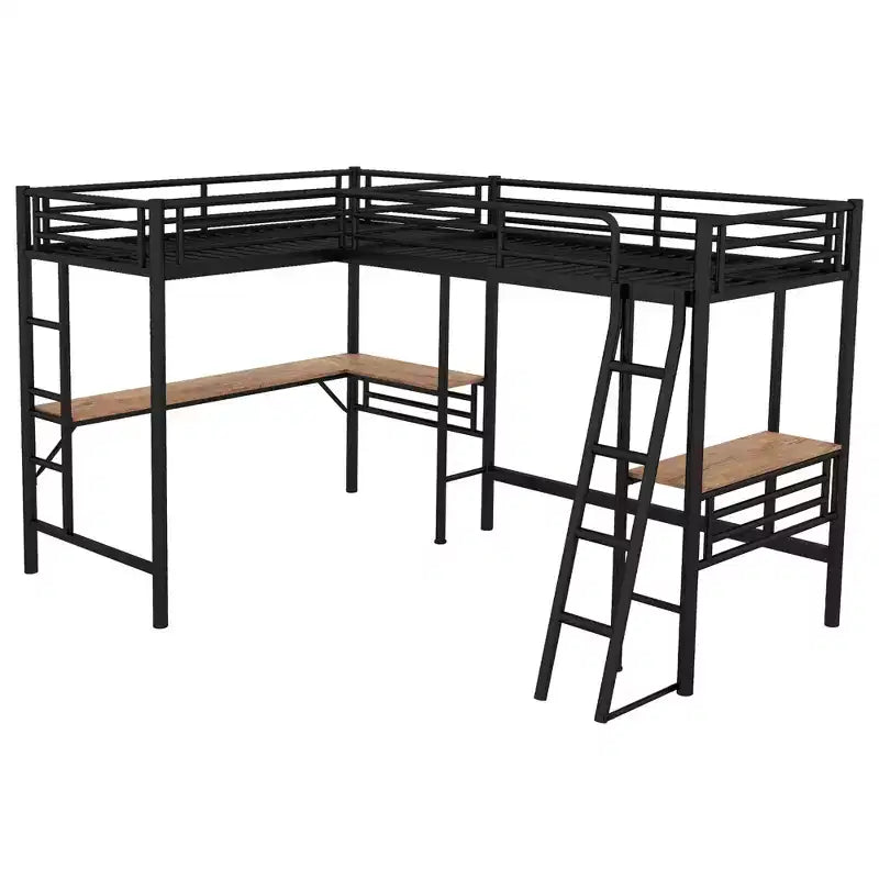 Letto a soppalco in metallo a L con 2 scrivanie, letto a soppalco singolo angolare per 2 bambini, bambine, ragazzi, nero