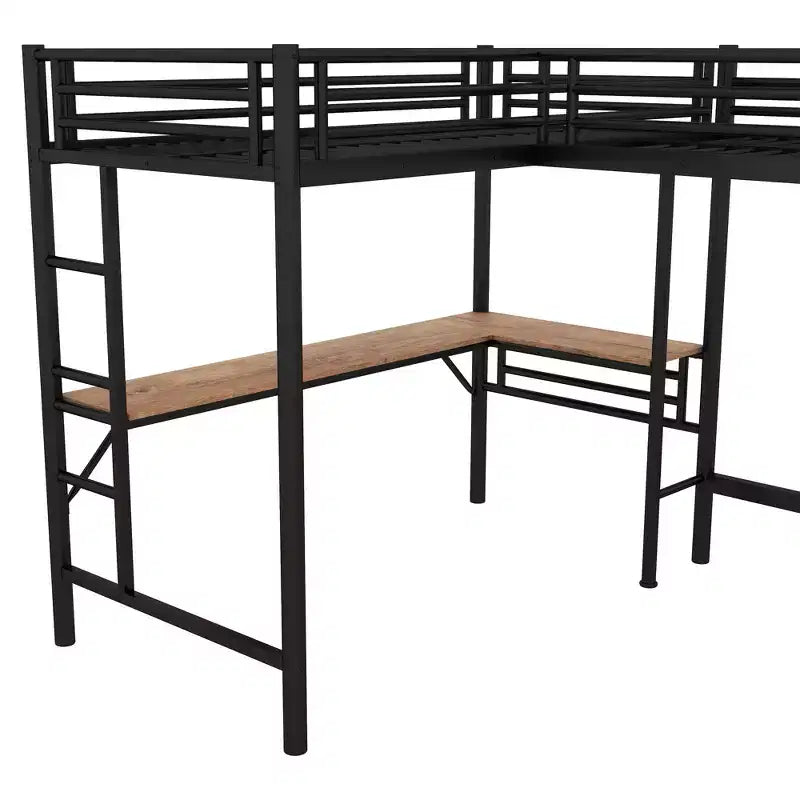 Letto a soppalco in metallo a L con 2 scrivanie, letto a soppalco singolo angolare per 2 bambini, bambine, ragazzi, nero