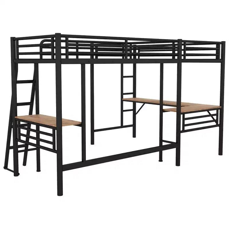 Letto a soppalco in metallo a L con 2 scrivanie, letto a soppalco singolo angolare per 2 bambini, bambine, ragazzi, nero