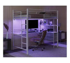 VINGLI Full Loft Bed with 15 Inches Guardrail/ Desk/Flat Rungs/LED/2 Charging Stations/Storage Shelves/Dresser, Heavy Duty Metal Support Slat, White