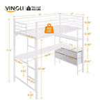 VINGLI Letto a soppalco matrimoniale con spondina da 15 pollici/scrivania/pioli piatti/LED/2 stazioni di ricarica/ripiani portaoggetti/cassettiera, doghe di supporto in metallo resistente, bianco