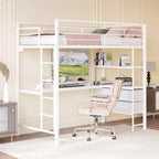 VINGLI Letto a soppalco matrimoniale con spondina da 15 pollici/scrivania/pioli piatti/LED/2 stazioni di ricarica/ripiani portaoggetti/cassettiera, doghe di supporto in metallo resistente, bianco