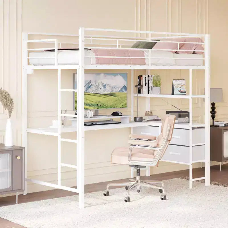 VINGLI Letto a soppalco matrimoniale con spondina da 15 pollici/scrivania/pioli piatti/LED/2 stazioni di ricarica/ripiani portaoggetti/cassettiera, doghe di supporto in metallo resistente, bianco