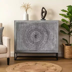 Royal Hampton 39 Inch Handcrafted Accent Cabinet with 2 Doors, Medallion Engraved, Sandblasted Gray Mango Wood, Black Iron Framed Stand