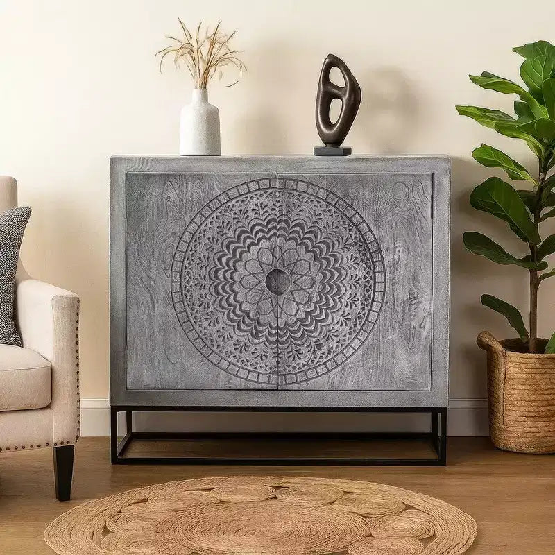Royal Hampton 39 Inch Handcrafted Accent Cabinet with 2 Doors, Medallion Engraved, Sandblasted Gray Mango Wood, Black Iron Framed Stand