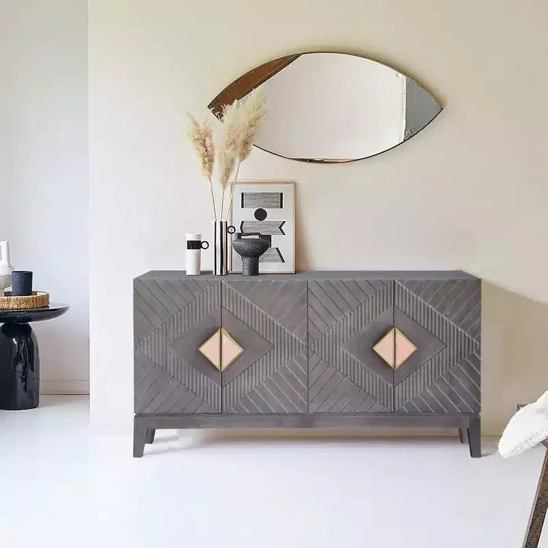 Royal Hampton Abiel 55 Inch Mango Wood Sideboard Buffet Cabinet Console, 4 Doors, Inner Shelf, Ornate Diamond Carving