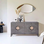 Royal Hampton Abiel 55 Inch Mango Wood Sideboard Buffet Cabinet Console, 4 Doors, Inner Shelf, Ornate Diamond Carving