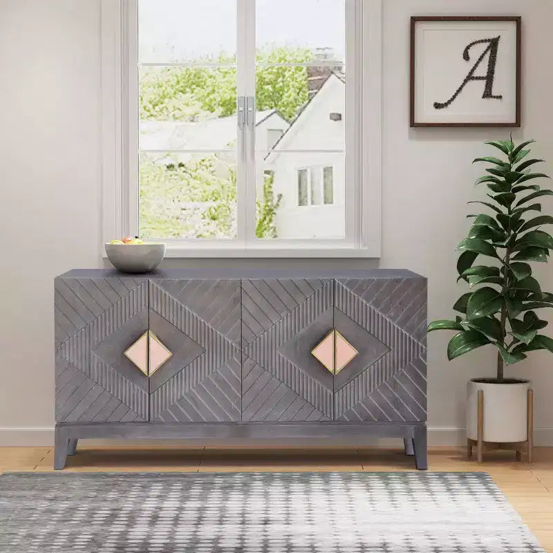 Royal Hampton Abiel Credenza/Mobile Buffet/Console in Legno di Mango, 55 Pollici, 4 Ante, Ripiano Interno, Intaglio a Diamante Ornato