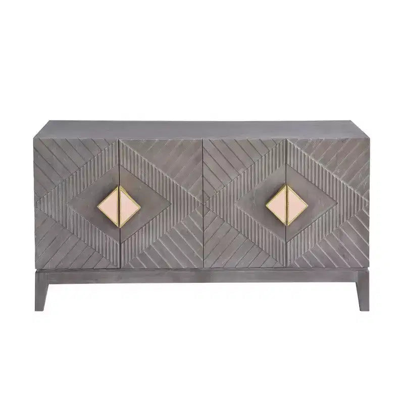 Royal Hampton Abiel Credenza/Mobile Buffet/Console in Legno di Mango, 55 Pollici, 4 Ante, Ripiano Interno, Intaglio a Diamante Ornato