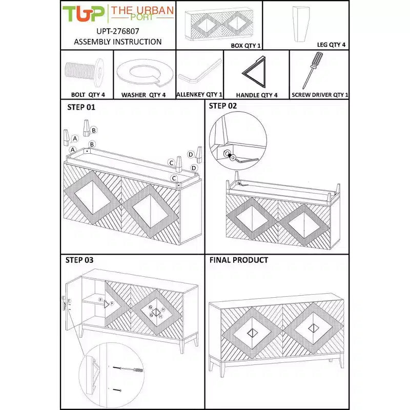 Royal Hampton Abiel Credenza/Mobile Buffet/Console in Legno di Mango, 55 Pollici, 4 Ante, Ripiano Interno, Intaglio a Diamante Ornato