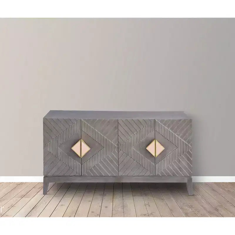 Royal Hampton Abiel Credenza/Mobile Buffet/Console in Legno di Mango, 55 Pollici, 4 Ante, Ripiano Interno, Intaglio a Diamante Ornato