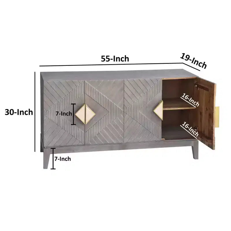 Royal Hampton Abiel Credenza/Mobile Buffet/Console in Legno di Mango, 55 Pollici, 4 Ante, Ripiano Interno, Intaglio a Diamante Ornato