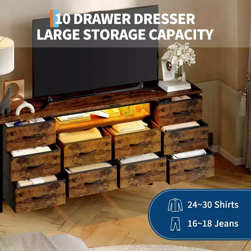 COZONY Cassettiera Lunga 160 cm per Camera da Letto con 10 Cassetti e Luci LED, Comò Moderno Porta TV per Televisori da 65-75 Pollici, Mobile Contenitore Centro di Intrattenimento