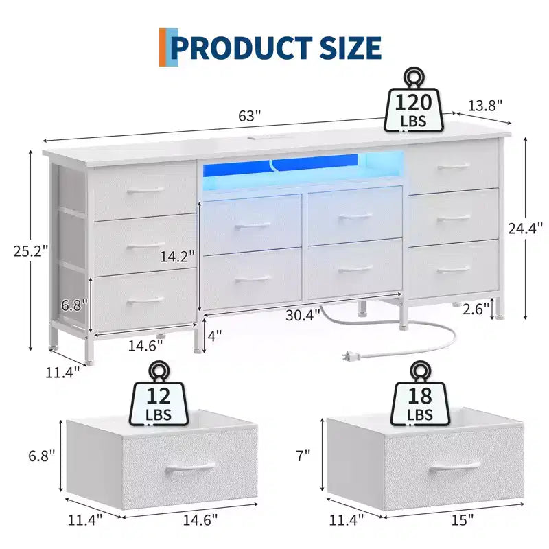 COZONY Cassettiera Lunga 160 cm per Camera da Letto con 10 Cassetti e Luci LED, Comò Moderno Porta TV per Televisori da 65-75 Pollici, Mobile Contenitore Centro di Intrattenimento