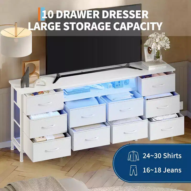 COZONY Cassettiera Lunga 160 cm per Camera da Letto con 10 Cassetti e Luci LED, Comò Moderno Porta TV per Televisori da 65-75 Pollici, Mobile Contenitore Centro di Intrattenimento