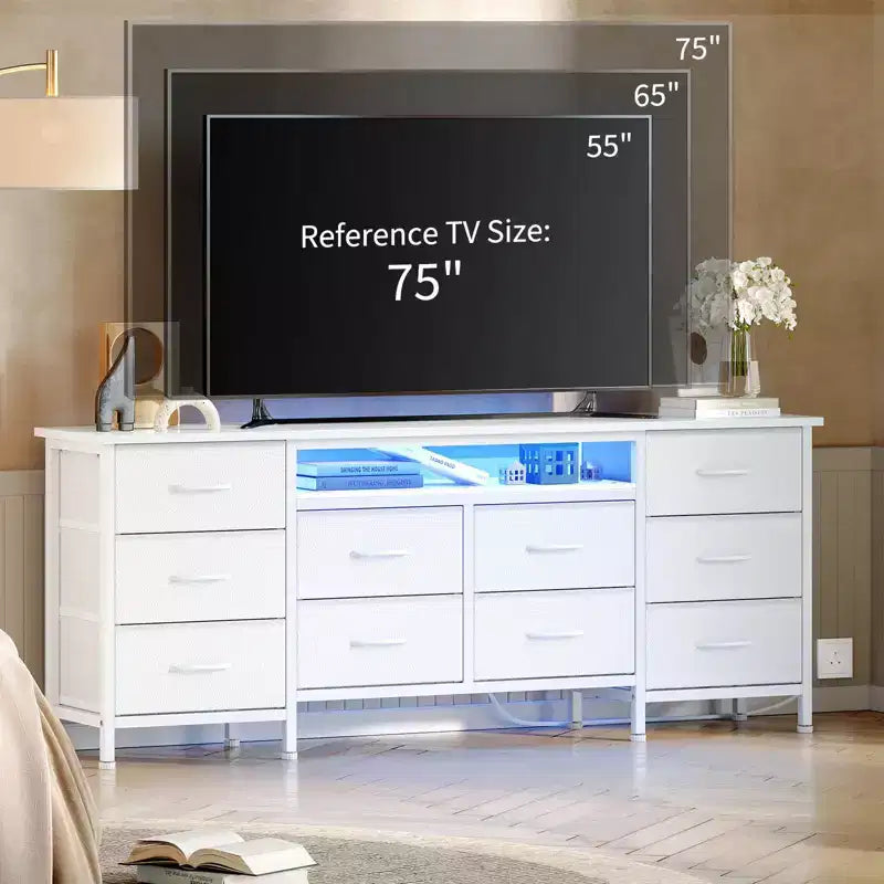 COZONY Cassettiera Lunga 160 cm per Camera da Letto con 10 Cassetti e Luci LED, Comò Moderno Porta TV per Televisori da 65-75 Pollici, Mobile Contenitore Centro di Intrattenimento