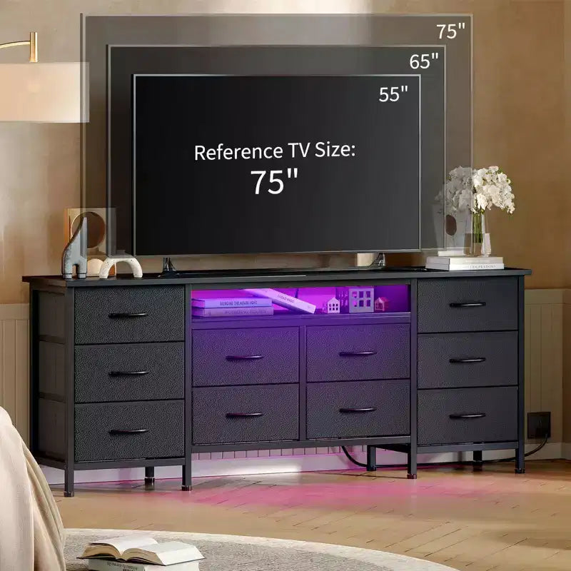 COZONY Cassettiera Lunga 160 cm per Camera da Letto con 10 Cassetti e Luci LED, Comò Moderno Porta TV per Televisori da 65-75 Pollici, Mobile Contenitore Centro di Intrattenimento