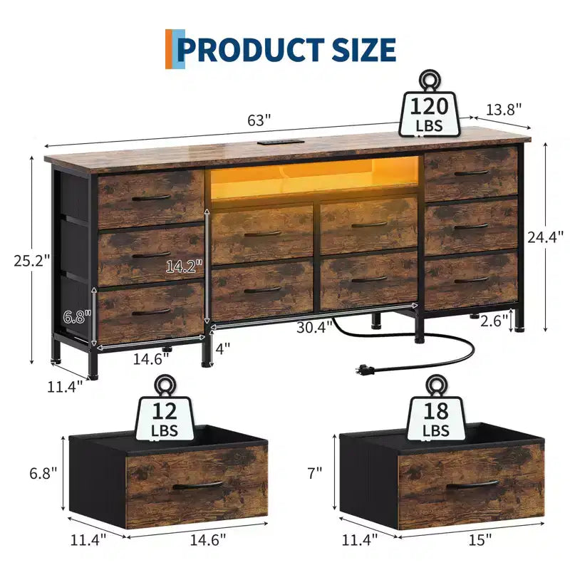 COZONY Cassettiera Lunga 160 cm per Camera da Letto con 10 Cassetti e Luci LED, Comò Moderno Porta TV per Televisori da 65-75 Pollici, Mobile Contenitore Centro di Intrattenimento