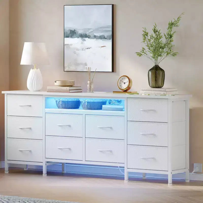 COZONY Cassettiera Lunga 160 cm per Camera da Letto con 10 Cassetti e Luci LED, Comò Moderno Porta TV per Televisori da 65-75 Pollici, Mobile Contenitore Centro di Intrattenimento