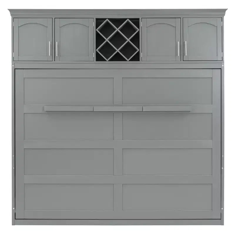 Letto a muro Murphy Queen Size in legno con armadietti superiori e portabottiglie, letto a scomparsa con armadietto e piattaforma