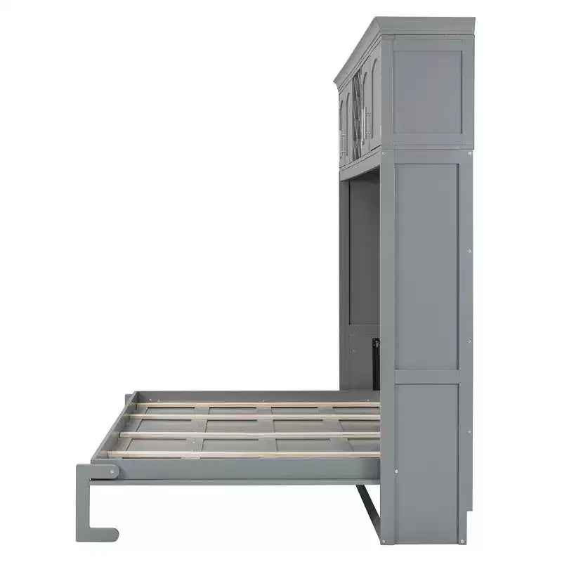 Letto a muro Murphy Queen Size in legno con armadietti superiori e portabottiglie, letto a scomparsa con armadietto e piattaforma