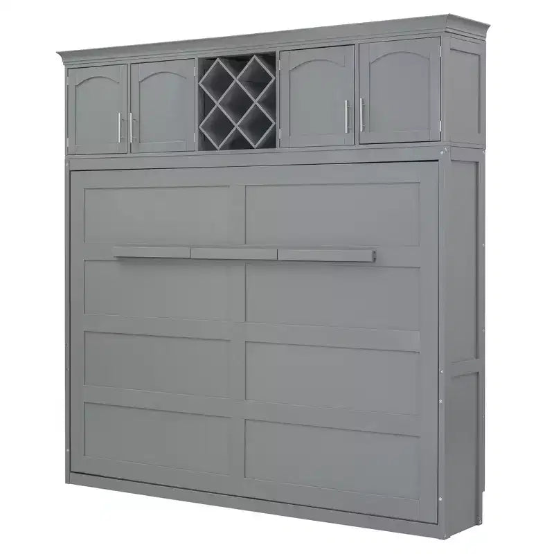 Letto a muro Murphy Queen Size in legno con armadietti superiori e portabottiglie, letto a scomparsa con armadietto e piattaforma