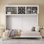 Letto a muro Murphy Queen Size in legno con armadietti superiori e portabottiglie, letto a scomparsa con armadietto e piattaforma