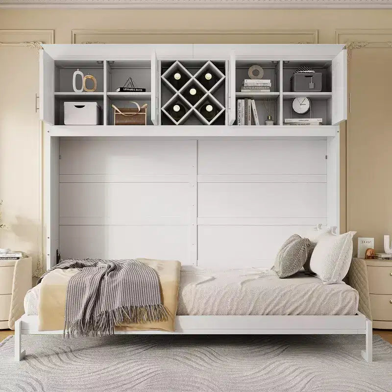 Letto a muro Murphy Queen Size in legno con armadietti superiori e portabottiglie, letto a scomparsa con armadietto e piattaforma